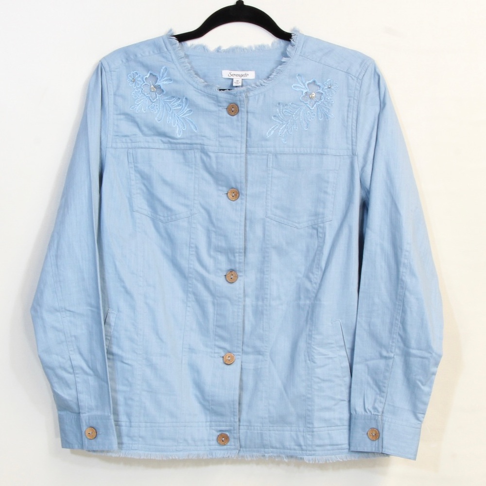 Serengeti Blue Lightweight Denim Button Up Long Sleeve Fringe Blouse Size Medium